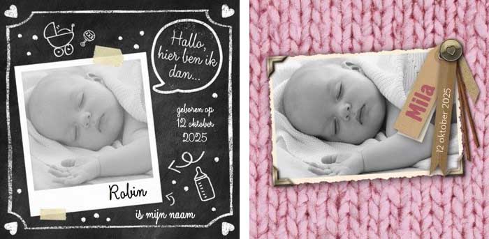 Voorbeelden van geboortekaartjes met de foto van een baby